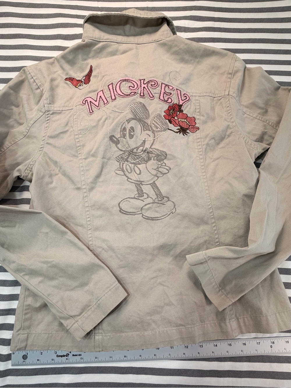 Disney Parks Mickey Mouse Khaki Utility Jacket  Medium Embroidered Floral Tan M